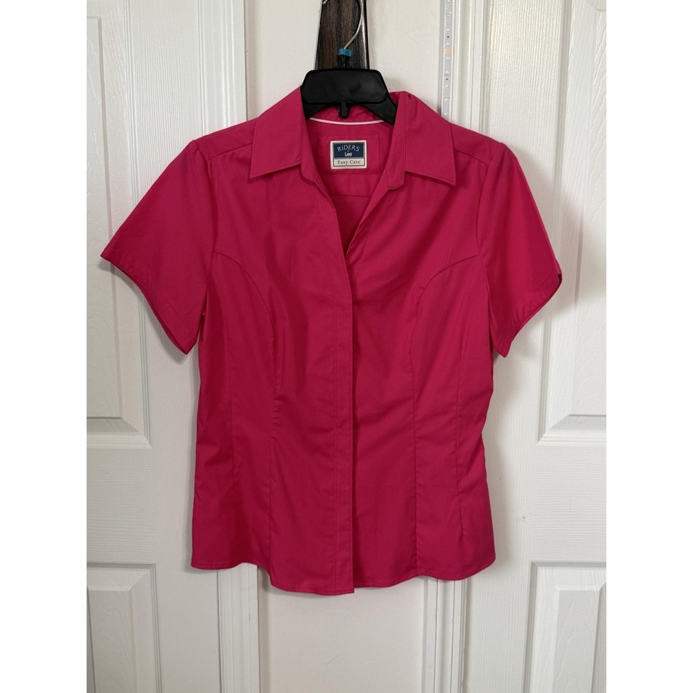 Riders By Lee Womens S Pink Easy Care Short Sleeve Button Up Blouse Top